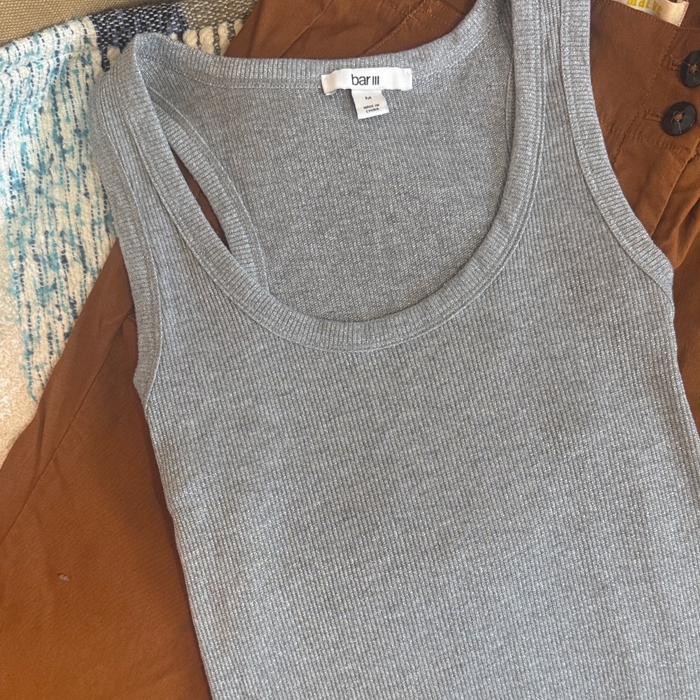 Bar III Silver Sparkle Gray Ribbed Tank Top